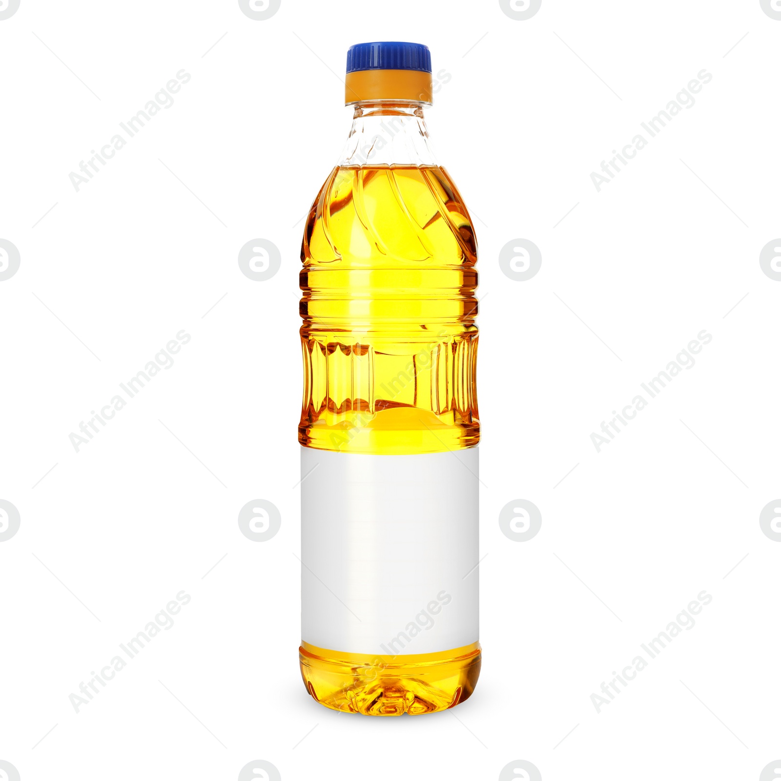 Image of Cooking oil in plastic bottle with empty label isolated on white. Mockup for design