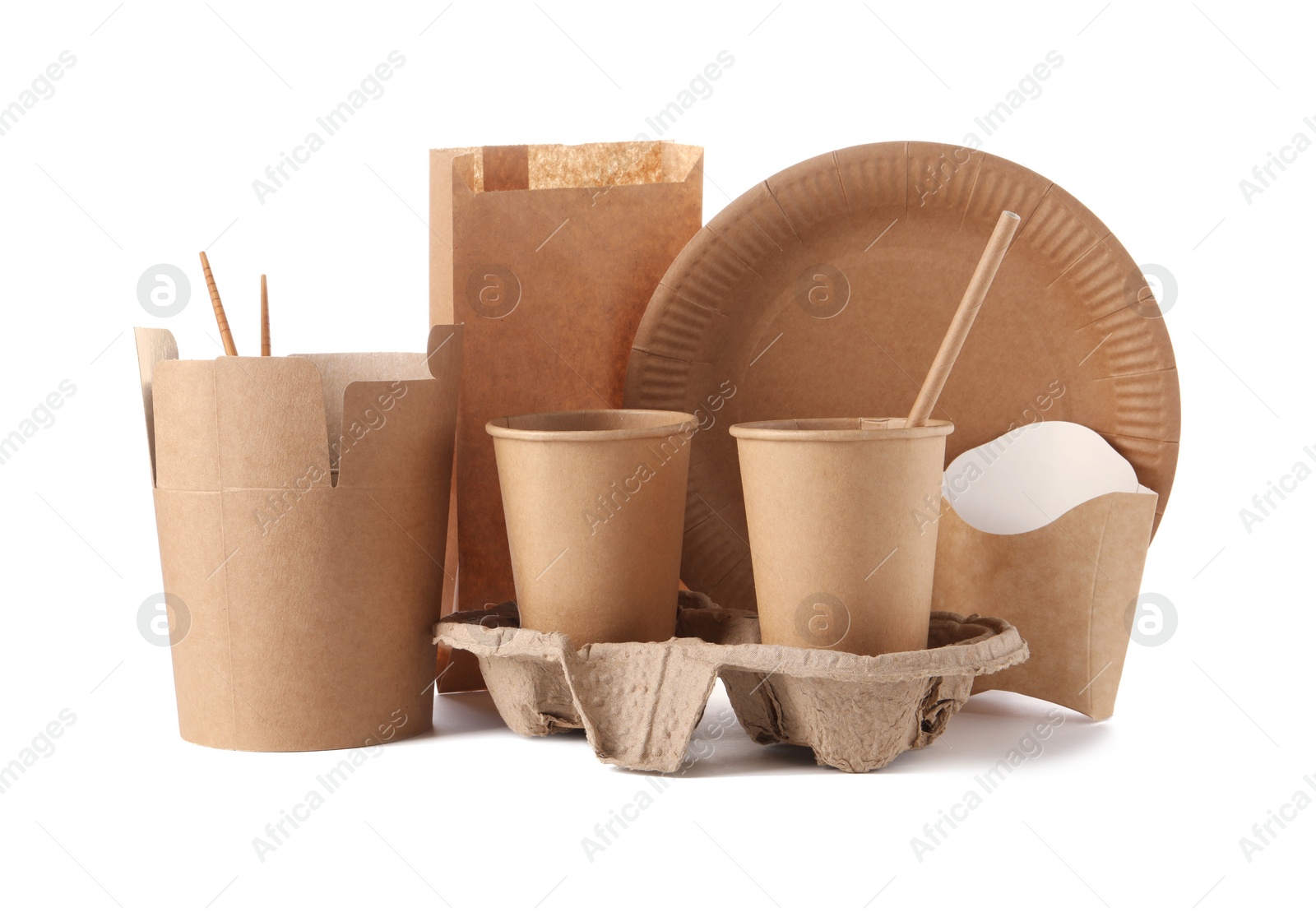 Photo of Eco friendly food packagings, tableware and paper bags isolated on white