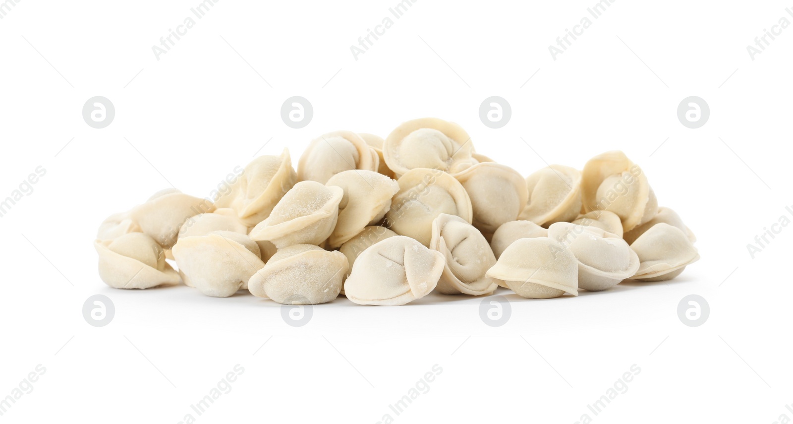 Photo of Heap of raw meat dumplings on white background