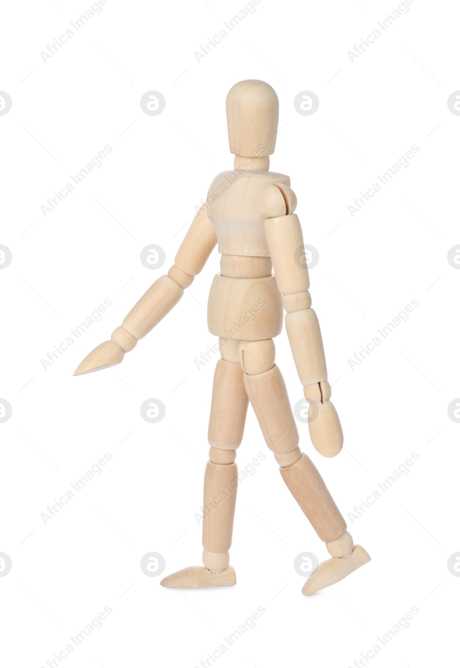 Photo of Wooden human model isolated on white. Mini mannequin