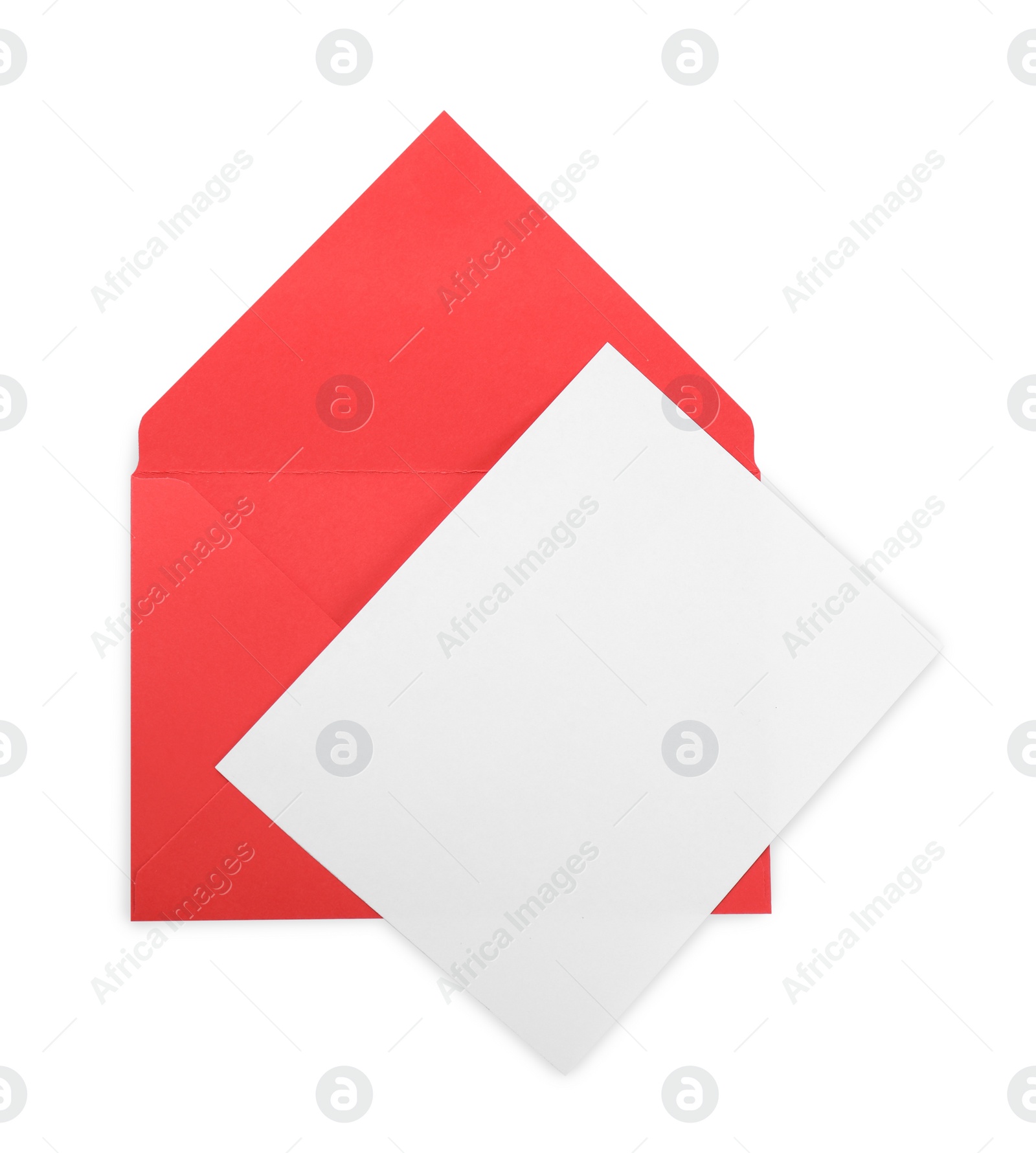 Photo of Red letter envelope and card isolated on white, top view