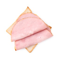 Photo of Delicious sandwich with ham isolated on white, top view