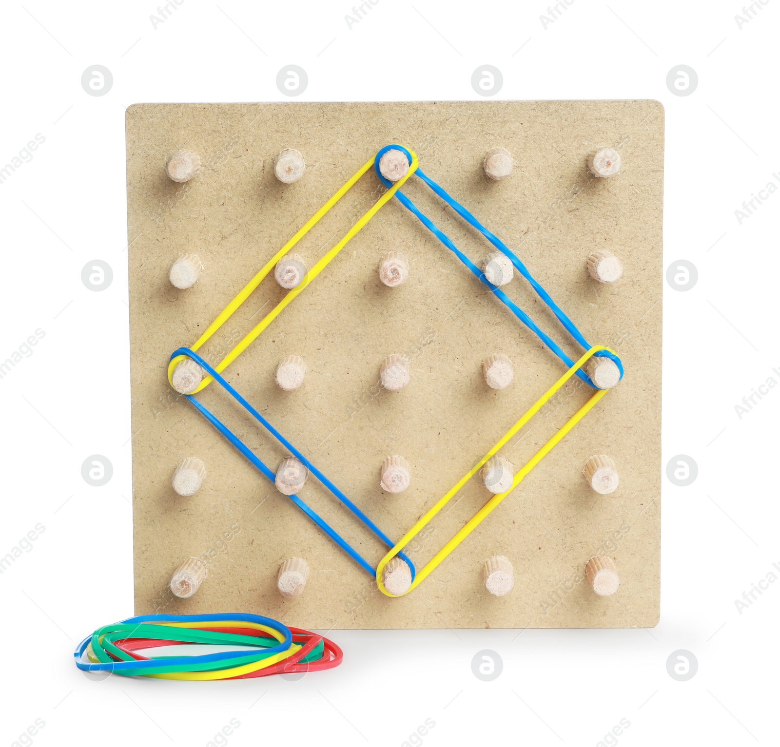 Photo of Wooden geoboard with rhombus made of colorful rubber bands isolated on white. Educational toy for motor skills development