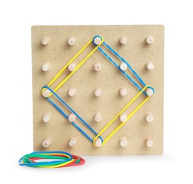Photo of Wooden geoboard with rhombus made of colorful rubber bands isolated on white. Educational toy for motor skills development