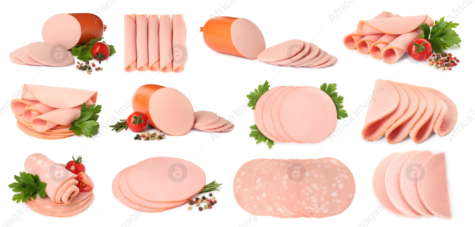 Image of Set with tasty boiled sausages on white background. Banner design