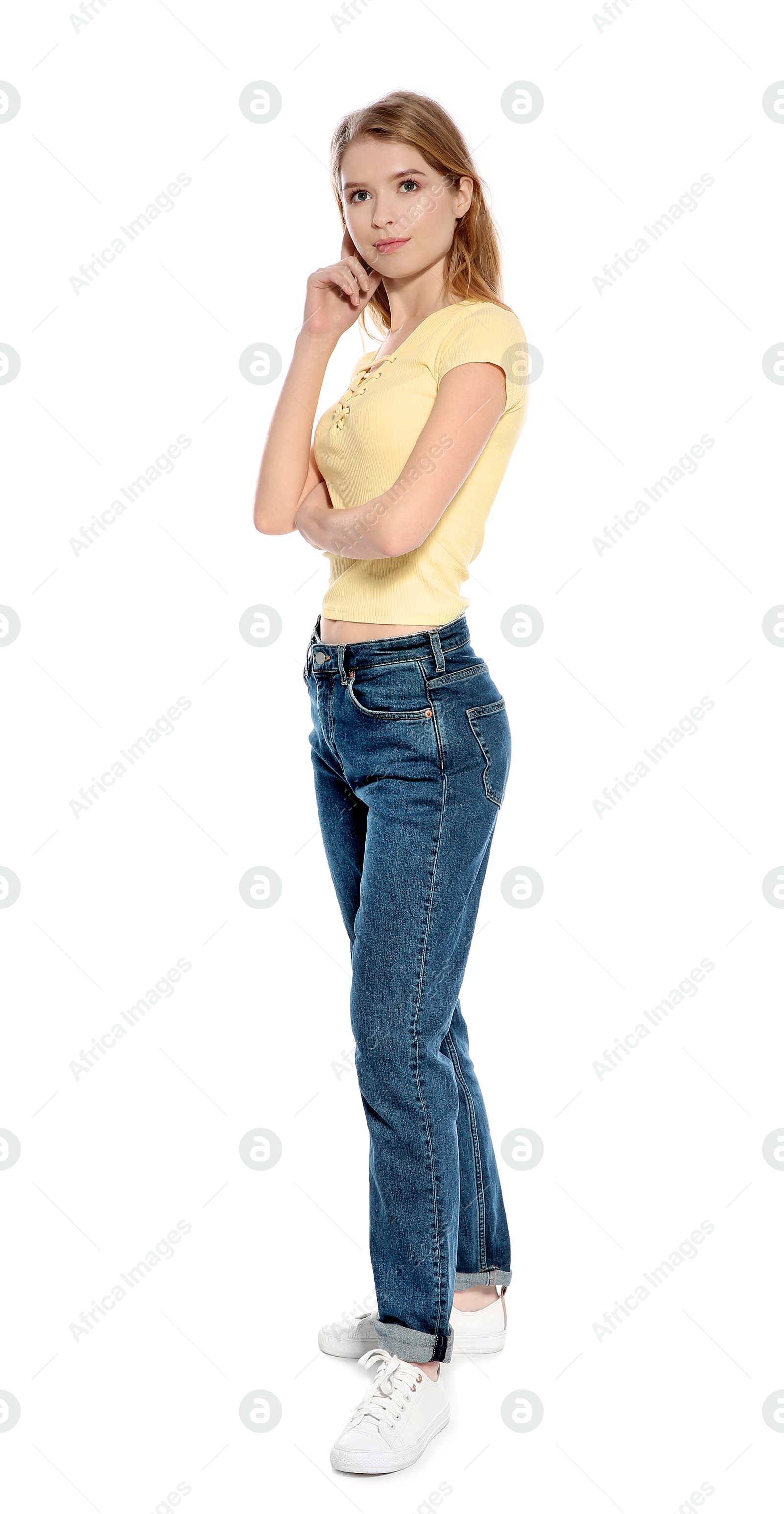 Photo of Portrait of beautiful young woman on white background