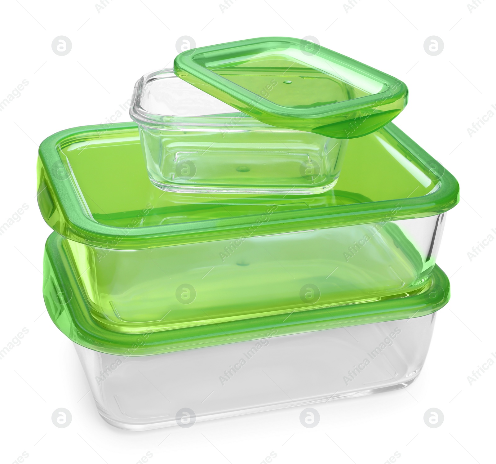 Photo of Set of empty glass containers for food on white background