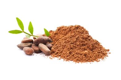 Cocoa powder and beans on white background