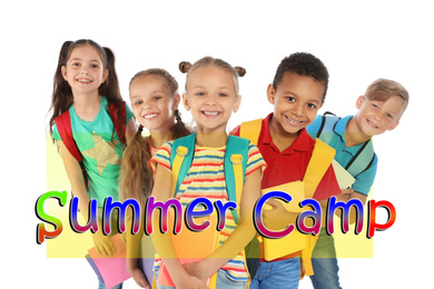 Image of Group of little children with backpacks on white background. Summer camp