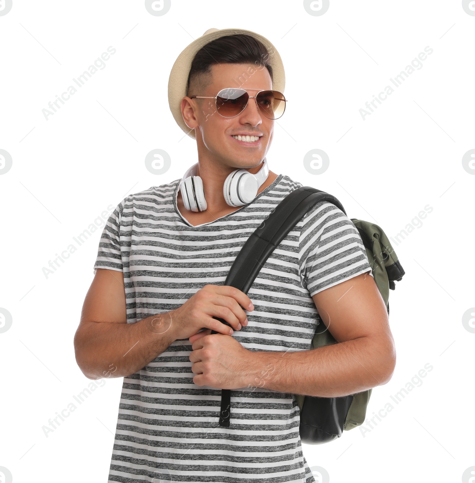 Photo of Man with hat and headphones on white background. Summer travel