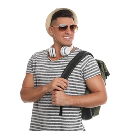 Photo of Man with hat and headphones on white background. Summer travel