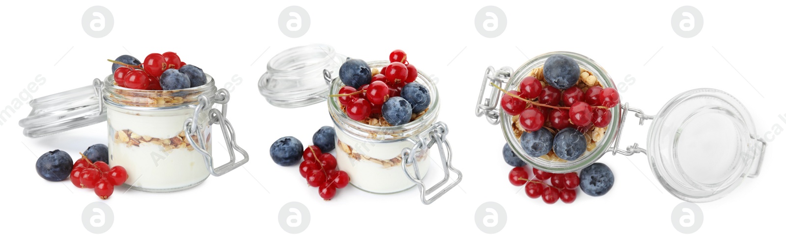 Image of Delicious yogurt parfait with fresh berries on white background, collage. Banner design