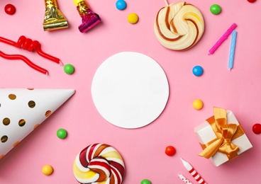 Photo of Flat lay composition with birthday party items on color background