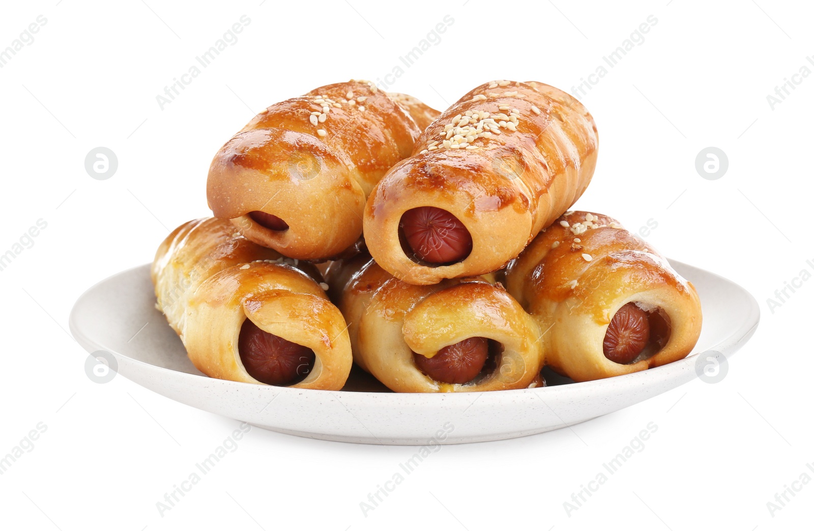 Photo of Plate with delicious sausage rolls isolated on white