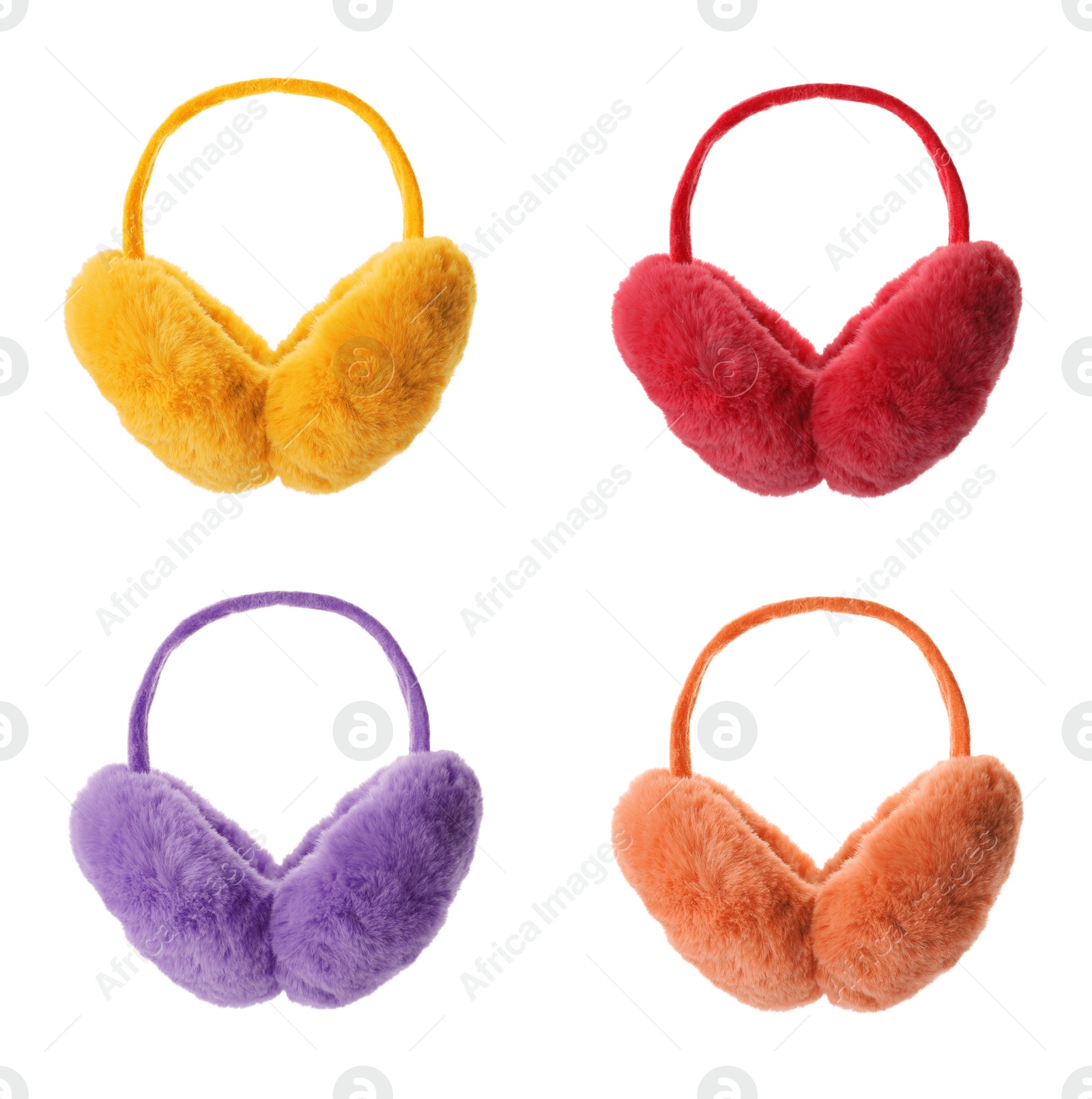 Image of Set with different colorful soft earmuffs on white background