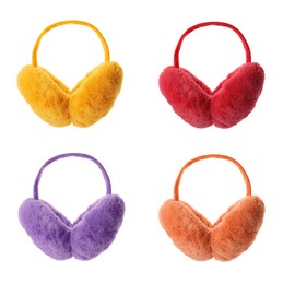 Image of Set with different colorful soft earmuffs on white background