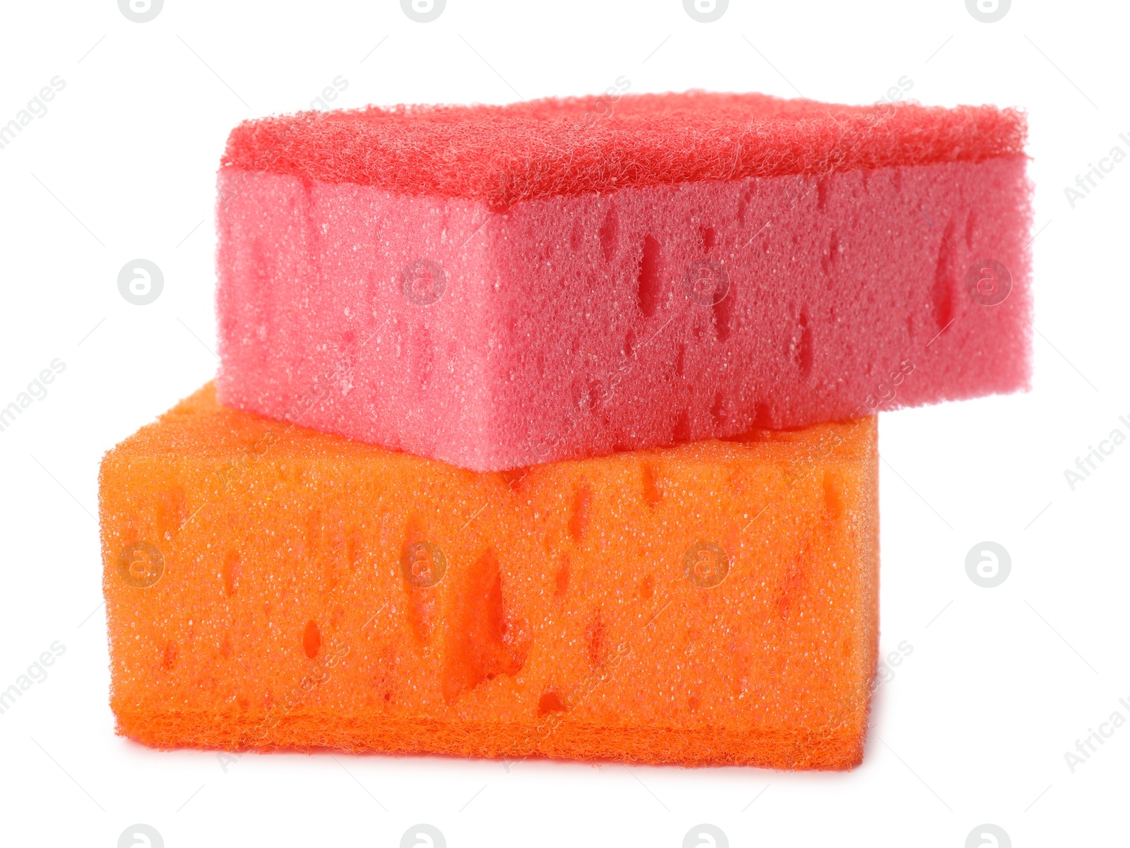 Photo of Bright cleaning sponges with abrasive scourers on white background