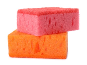 Bright cleaning sponges with abrasive scourers on white background