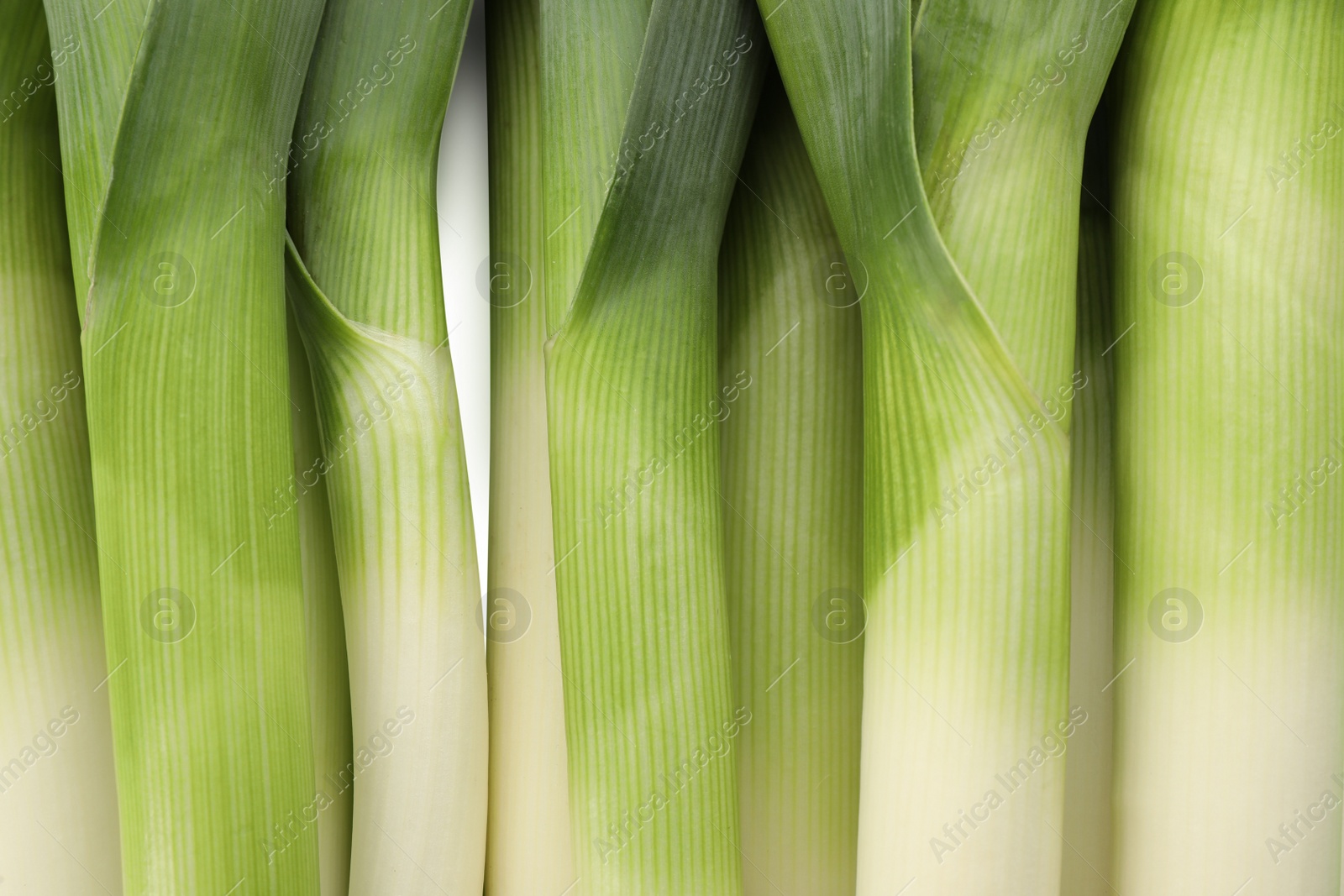 Photo of Fresh raw leeks as background, top view