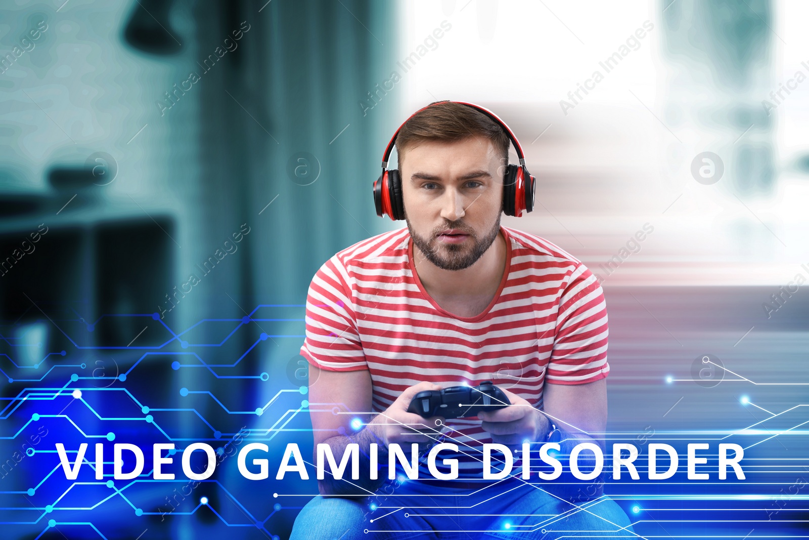 Image of Gaming disorder. Man with headphones playing at home. Circuit board pattern with text