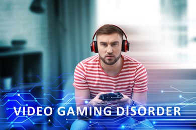 Image of Gaming disorder. Man with headphones playing at home. Circuit board pattern with text