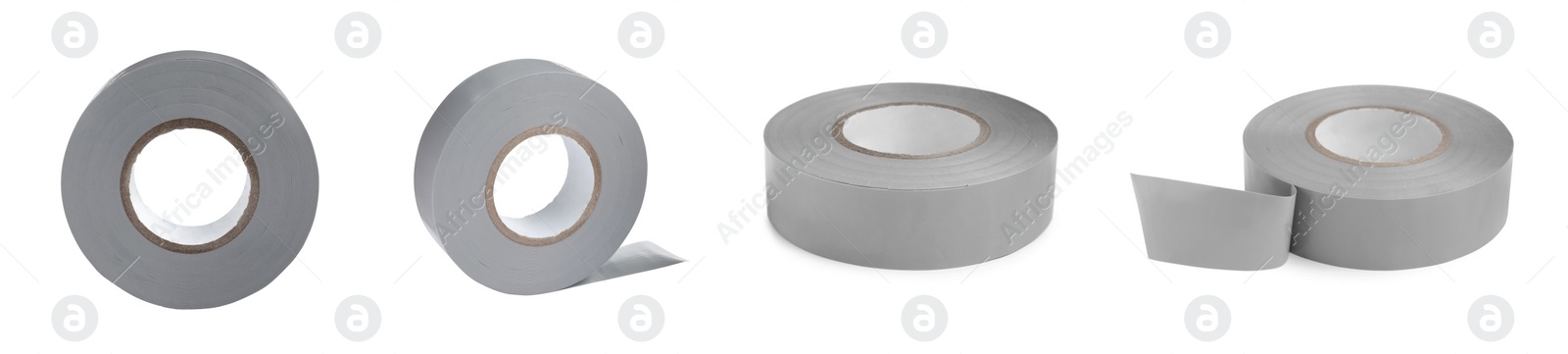 Image of Collage with light grey insulating tape on white background, different sides