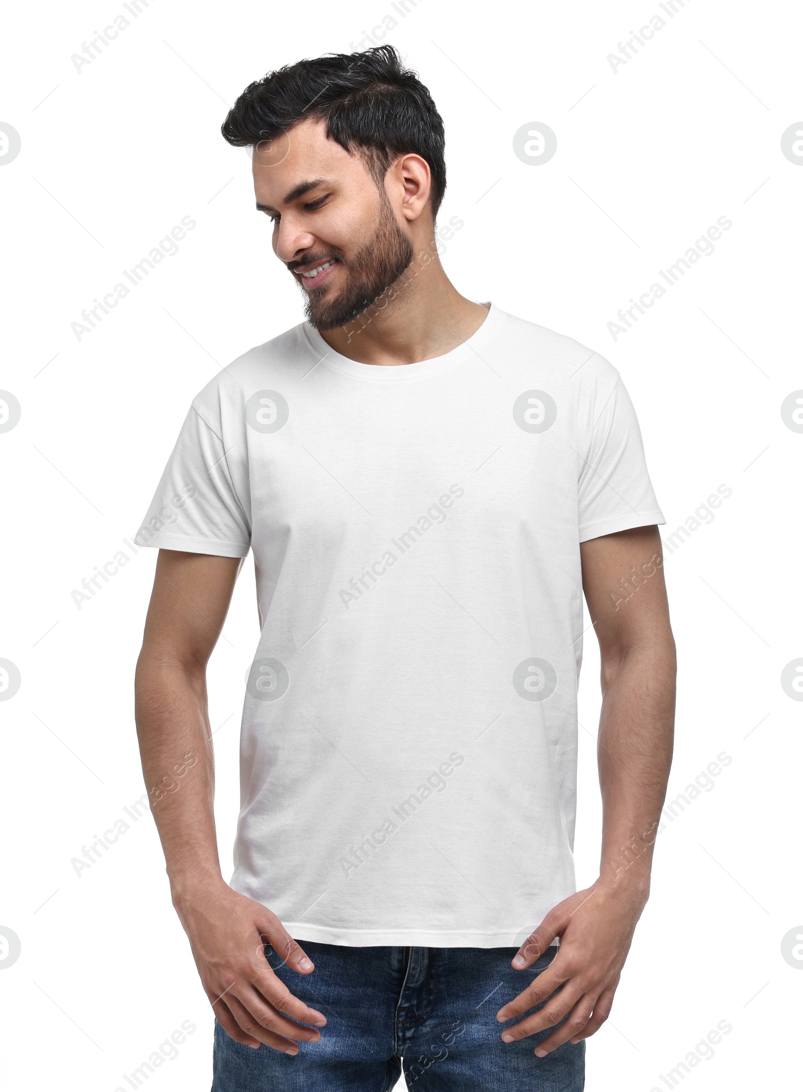 Photo of Smiling man in t-shirt on white background