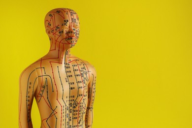 Acupuncture model. Mannequin with dots and lines on yellow background, space for text