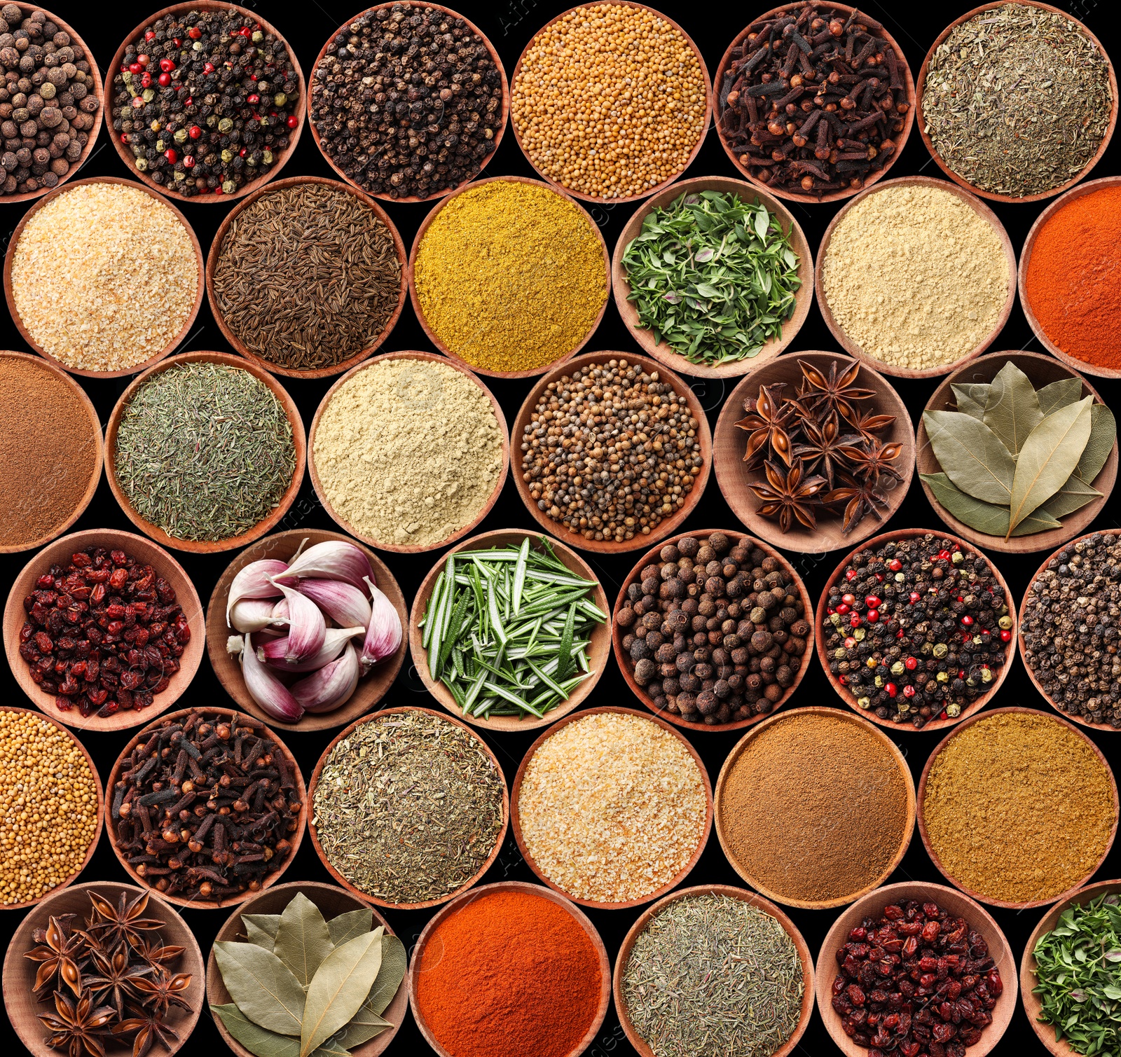 Image of Collection of different aromatic spices and herbs on black background, flat lay