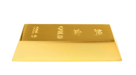 Photo of Precious shiny gold bar on white background