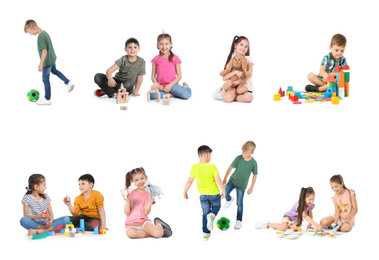 Image of Collage of cute little children playing on white background
