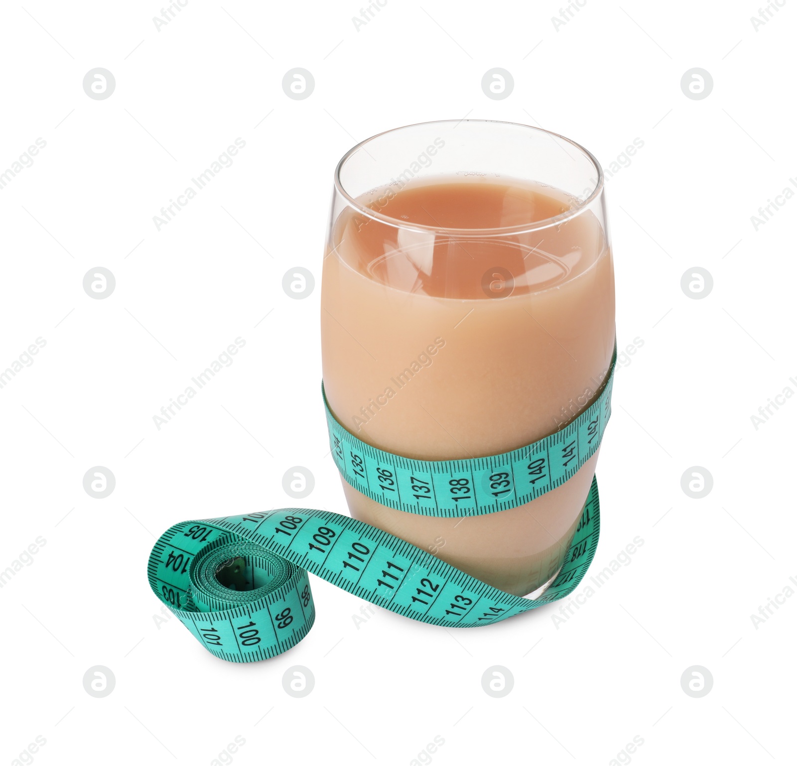 Photo of Tasty shake and measuring tape isolated on white. Weight loss