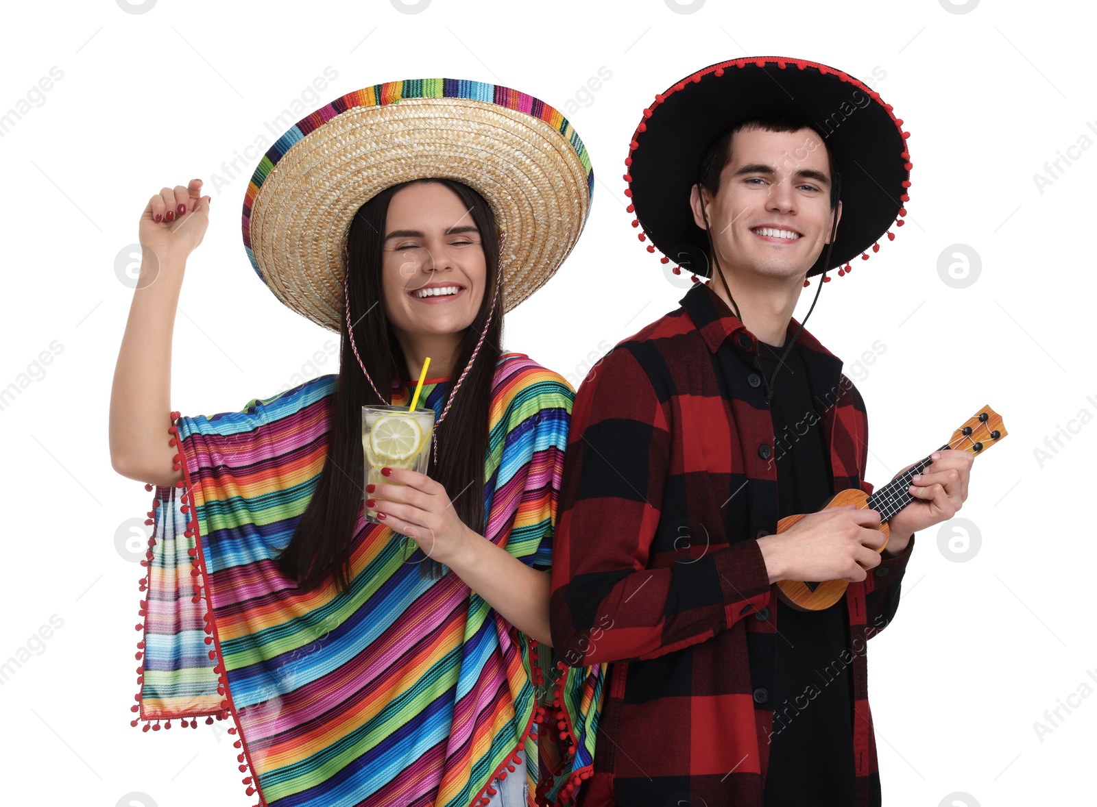 Photo of Lovely couple in Mexican sombrero hats with cocktail and ukulele on white background