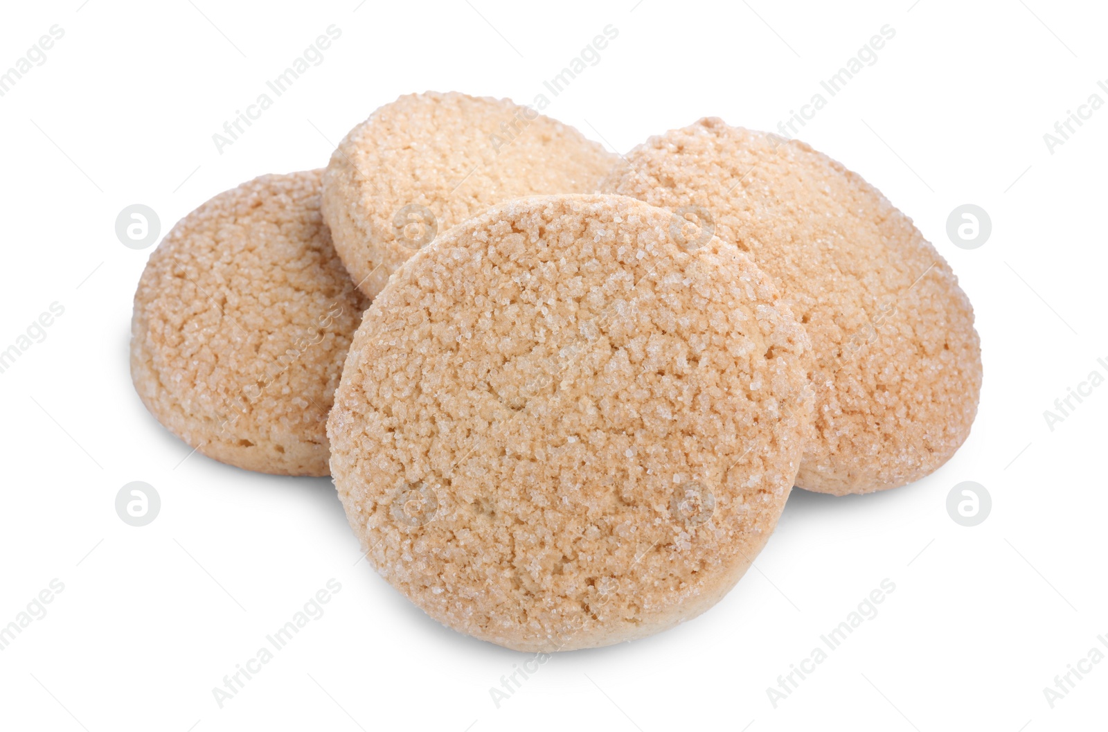 Photo of Many tasty sugar cookies isolated on white