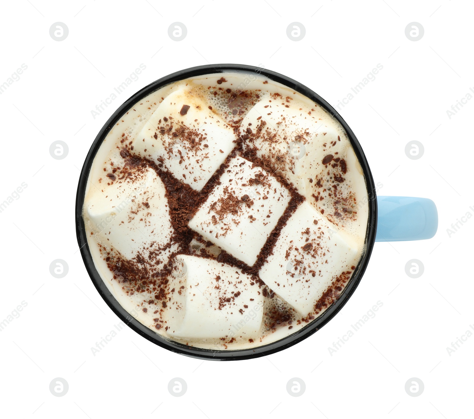 Photo of Delicious hot chocolate with marshmallows and cocoa powder in mug isolated on white, top view
