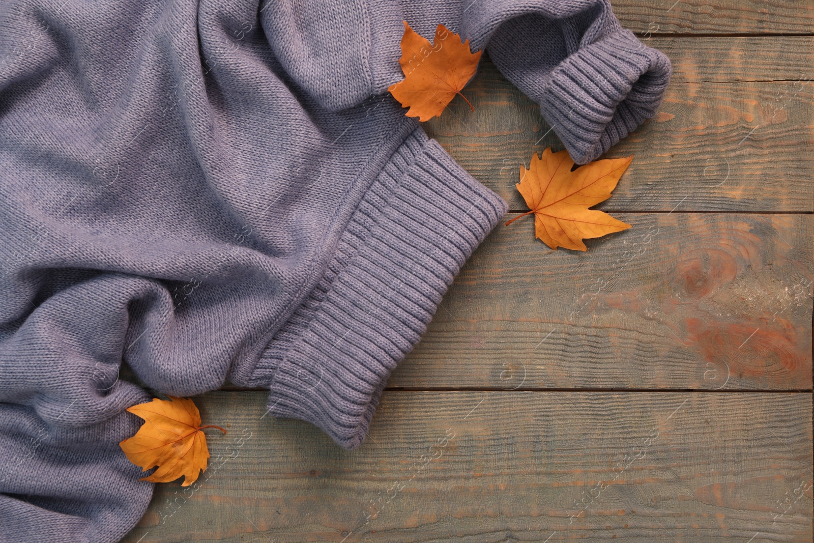Photo of Warm sweater and dry leaves on blue wooden background, flat lay. Autumn season