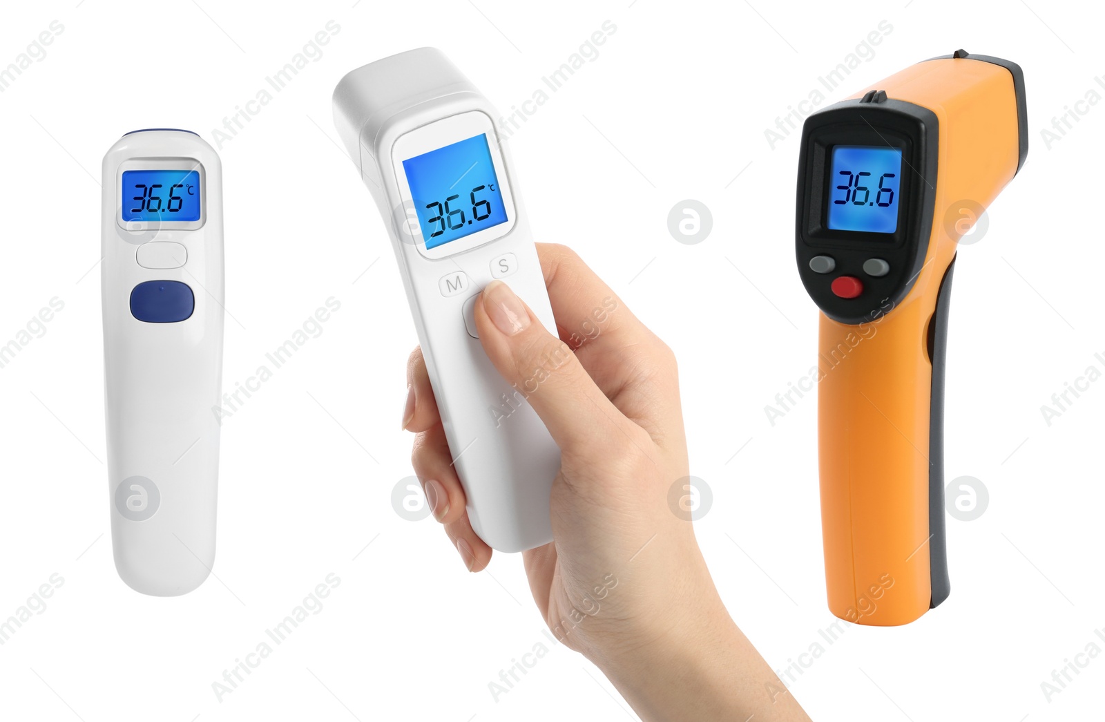 Image of Infrared thermometers on white background, collage. Checking temperature during Covid-19 pandemic