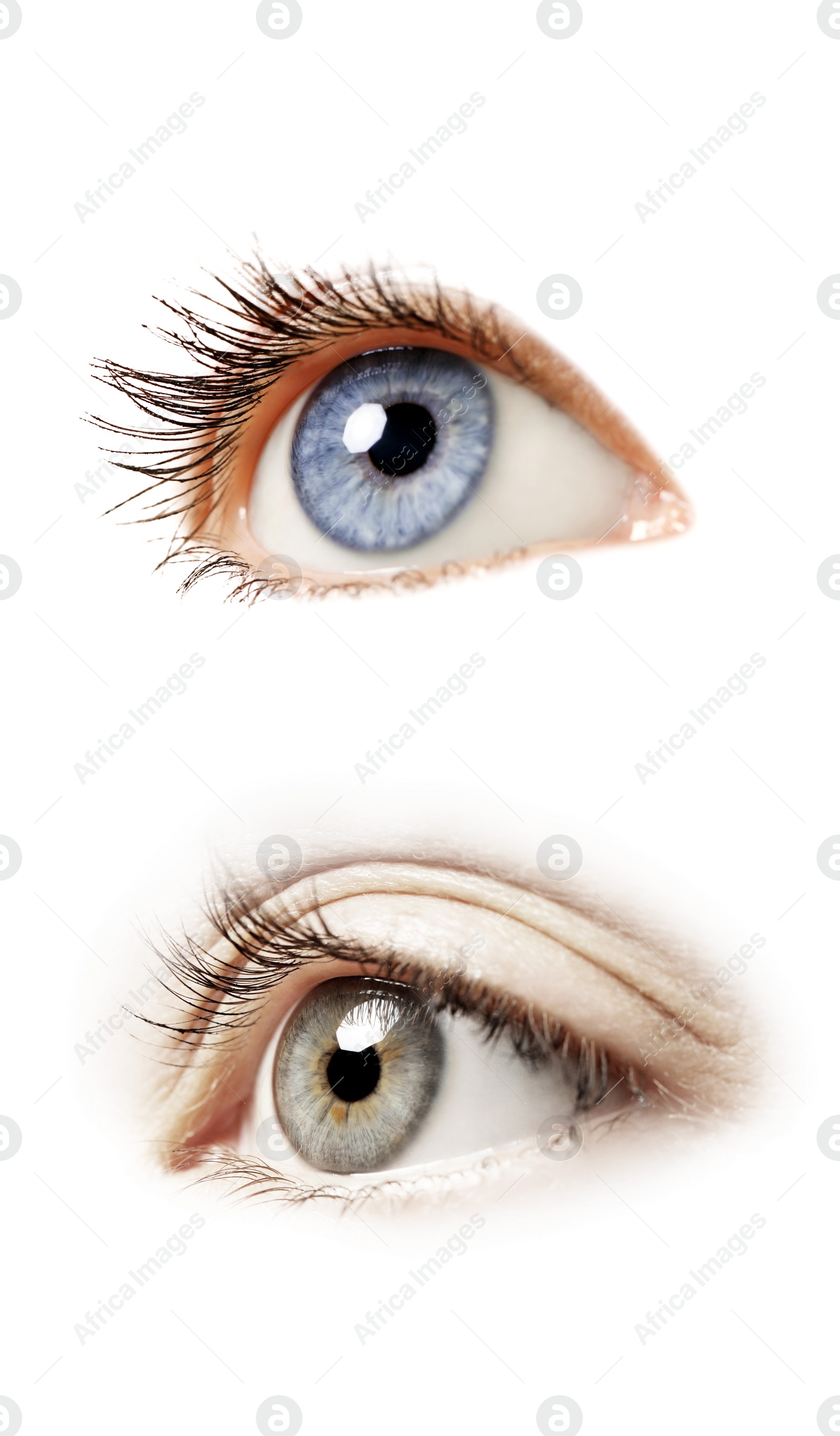 Image of Beautiful human eyes isolated on white, closeup. Collage