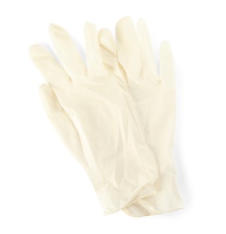 Photo of Pair of medical gloves isolated on white, top view