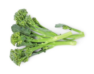 Photo of Fresh raw broccolini isolated on white, top view. Healthy food