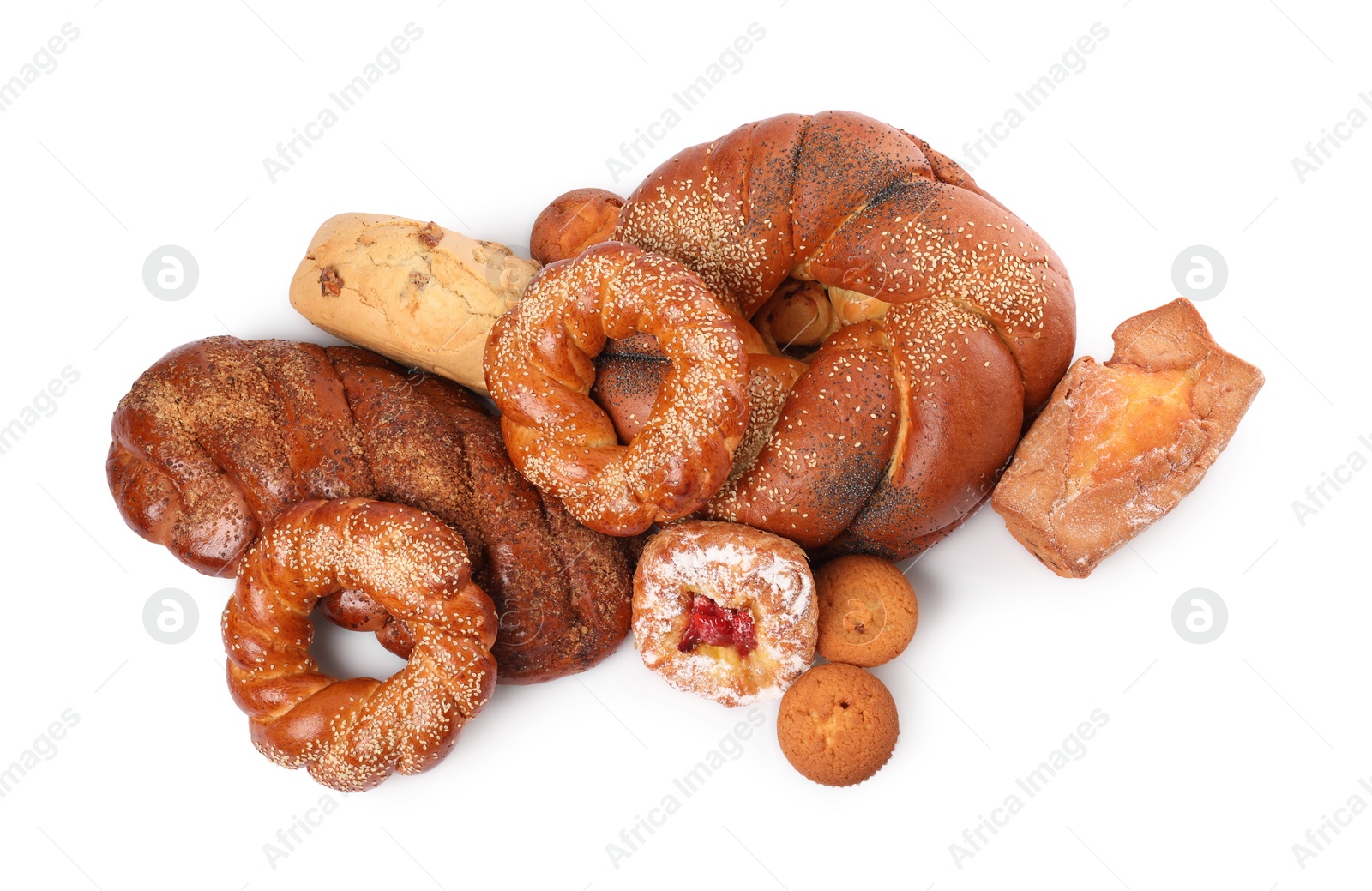 Photo of Different tasty freshly baked pastries isolated on white, top view