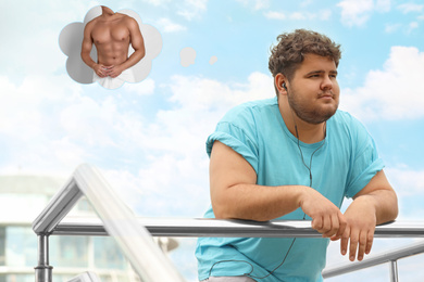 Young overweight man dreaming about muscular body outdoors