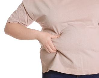 Overweight woman isolated on white, closeup. Obesity and weight loss