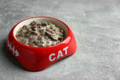 Photo of Wet pet food in feeding bowl on light grey background, space for text