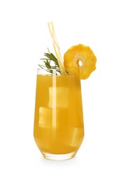 Photo of Glass of tasty pineapple cocktail with rosemary isolated on white