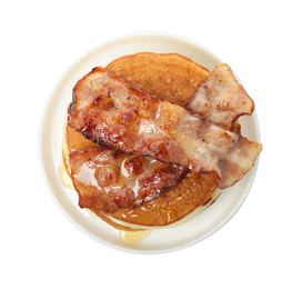 Photo of Delicious pancakes with maple syrup and fried bacon on white background, top view