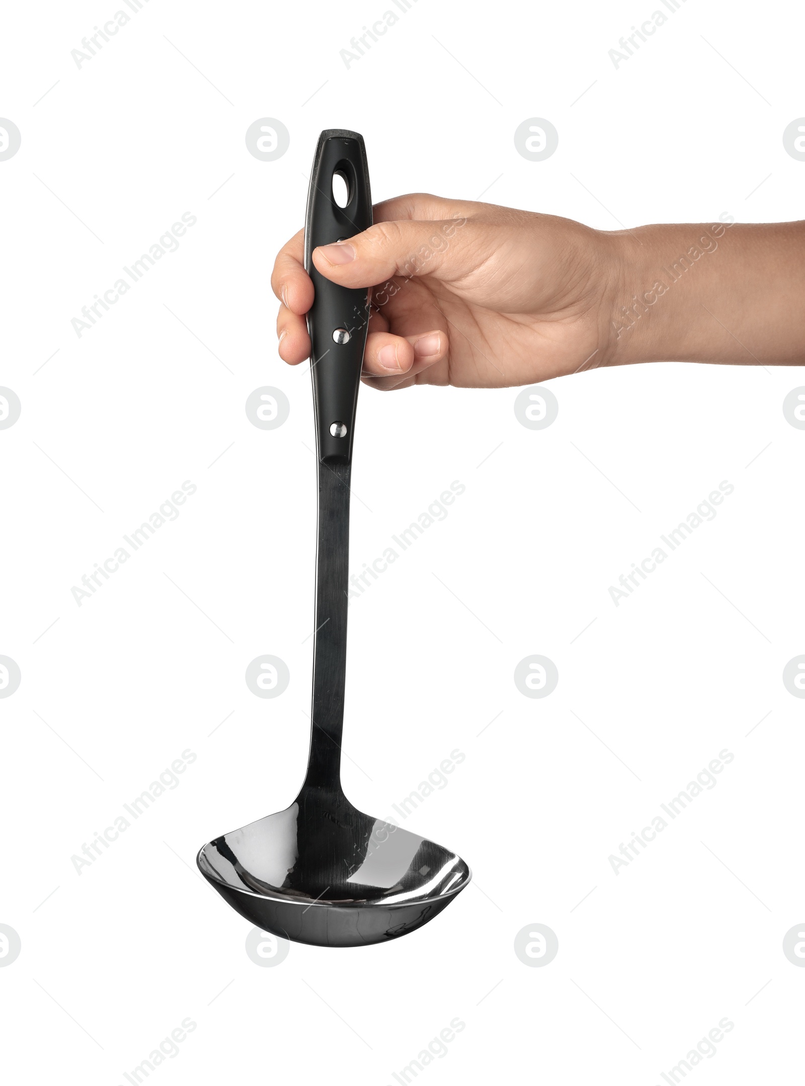 Photo of Woman holding soup ladle on white background. Kitchen utensils