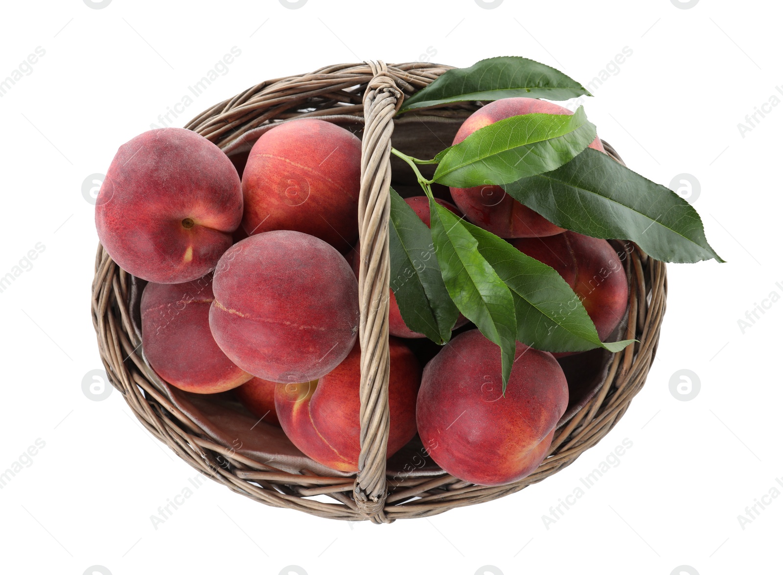 Photo of Basket of delicious ripe peaches isolated on white, top view