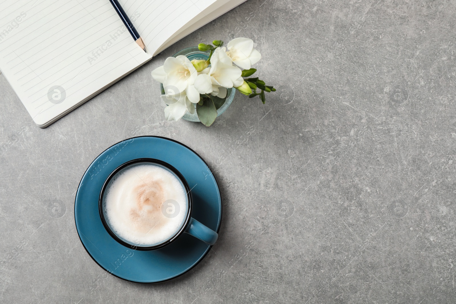 Photo of Flat lay composition with coffee on grey table, space for text. Tasty breakfast