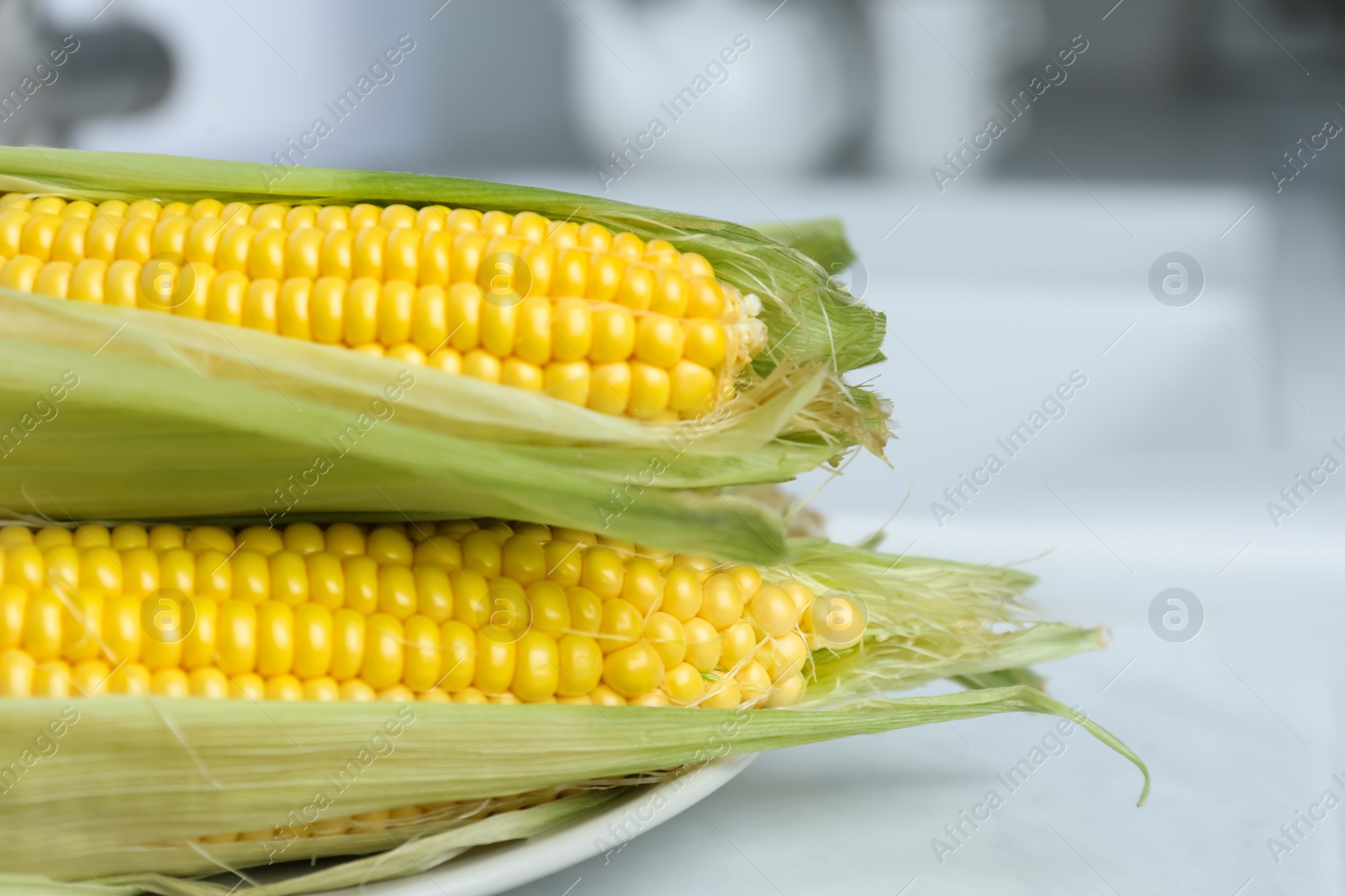 Photo of Tasty fresh corn cobs on white table, closeup